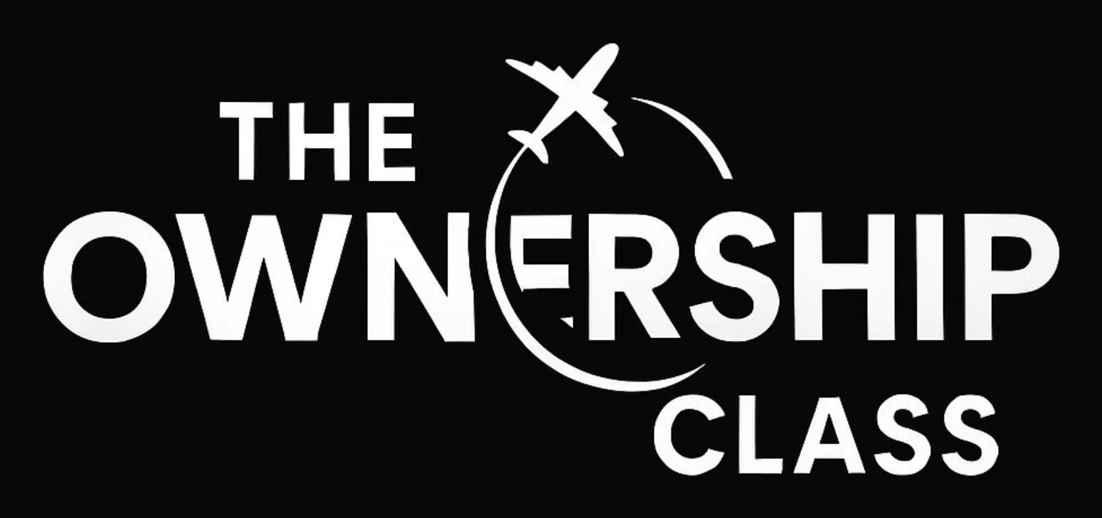 The Ownership Class newsletter logo by Bakari Akil — white bold text on black background with an airplane circling the word OWNERSHIP, a Substack newsletter about buying businesses, private equity, and building wealth through acquisition